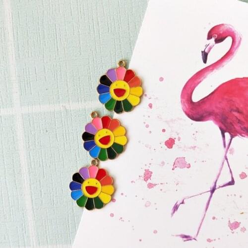 10pcs/lot Colorful Sunflowers Shape Enamel Charms 26*30mm Zinc Alloy Metal Gold Color Back Oil Drop Charm Pendants