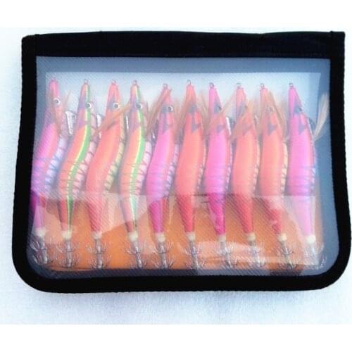 10Pcs Squid Jigs Lure With Fishing bag Octopus Shrimp Lure #3.5 Squid Hook Prawn Lure Wood Baits Shrimp Fishing Tackle