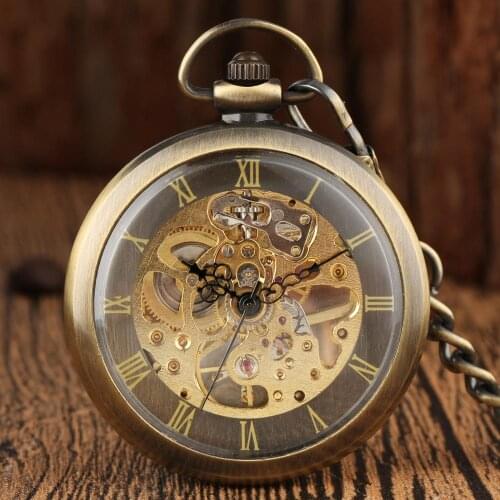 Bronze Skeleton Open Face Display Roman Number Dial Mechanical Pocket Watch Hand Winding Chain Steampunk Fob Watch Antique Clock