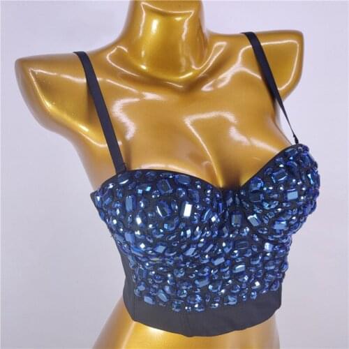 Cupnaya Summer Women Sexy Sparkle Rhinestones Crop Top Corsets Glitter Ladies Short Dance Cropped Top Camisoles Vest Blue Pink