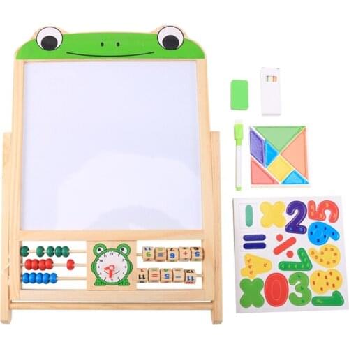 Childrens Double Sided Easel Art Easel Chalk Chalkboard Magnetic Writing Board with Number Stickers and Tangram