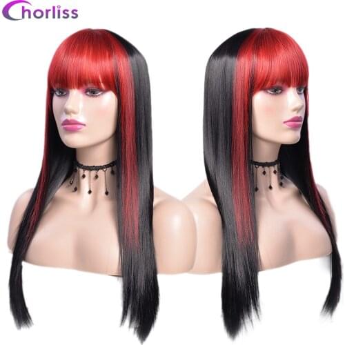 Chorliss Long Straight Black Wig Synthetic Hair Wig With Bangs Red Burgundy Pink Blonde Long Hair Wigs For Women