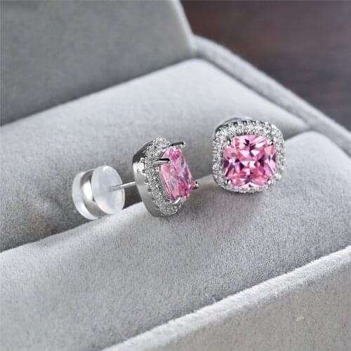 Elegant Pink Crystal Stone Earrings White Square Zircon Stud Earrings For Women Wedding Jewelry Bride Luxury Birthstone Earrings