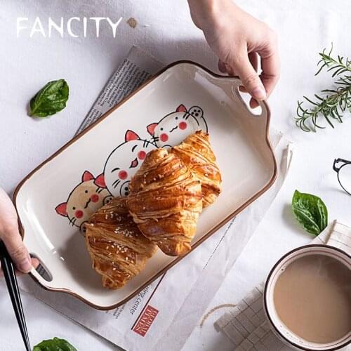 FANCITY Underglaze double-eared long plate, steamed fish plate, breakfast plate, household dinner plate, ceramic plate