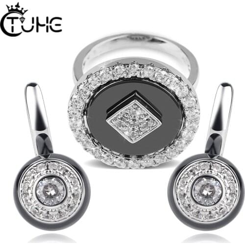 Elegant Style 3MM Width Women Ceramic Rings Stud Earrings Jewelry Sets for Women Black White Heatlhy Ceramic Jewelry Sets Gift