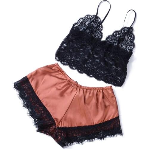 2PCS/Set Sexy Female V-Neck Sleeveless Nightwear Women Underwear Sexy Silk Satin Lingerie Lady Pajamas Crop Tops Bra+Shorts Sets