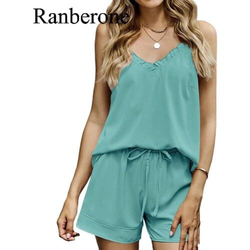 Ranberone Two Piece Suit Sexy Sleepwear Home Clothes Sleeveless Tops and Shorts Womens Solid Color Set Breathable Summer 2 PCS
