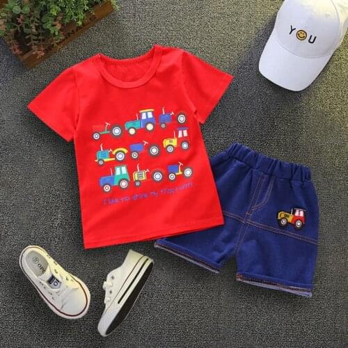 Summer Toddler Baby Boy Clothes Set Kid Boys Set Short Sleeve Car Print T shirt Soft Denim Infant Children Clothing Outfit
