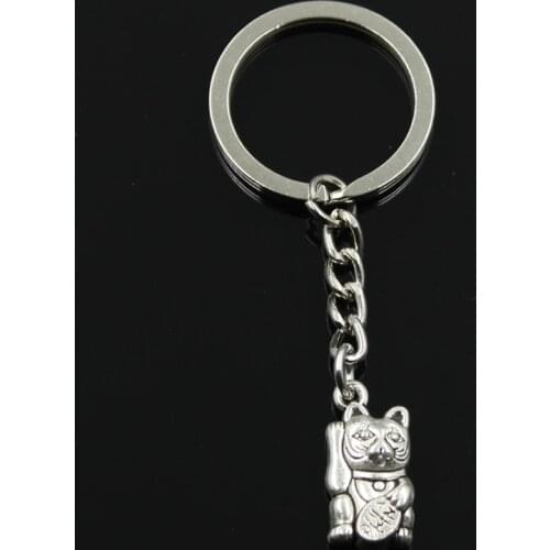 Fashion 30mm Key Ring Metal Key Chain Keychain Jewelry Antique Bronze Silver Color Plated Lucky Cat 23x11mm Pendant