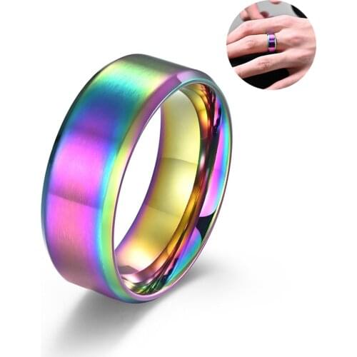 Simple 8mm Rainbow Stainless Steel Ring For Men Women Colorful Matte Finish Beveled Polished Edge Ring Men Wedding Band Jewelry