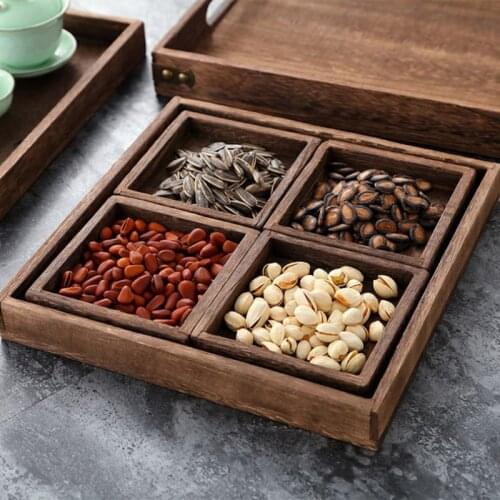 Set of 7 Rustic Paulownia Wooden Nesting Serving Trays Set with Cutout Handles