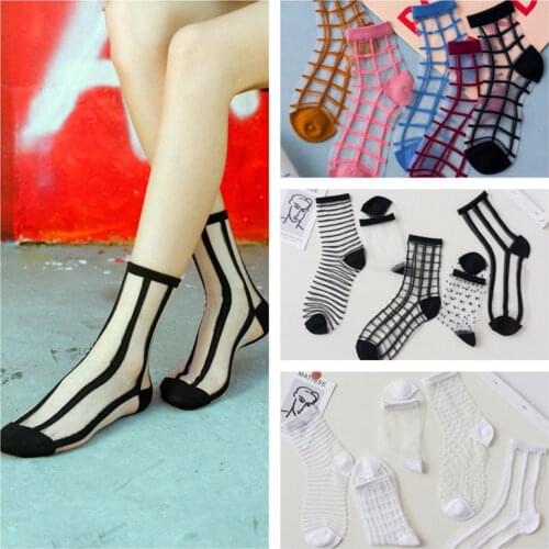 1 Pair Women Socks Striped Plaid Dots Breathable Funny Socks Harajuku Thin Transparent Socks Casual Ankle Socks summer socks