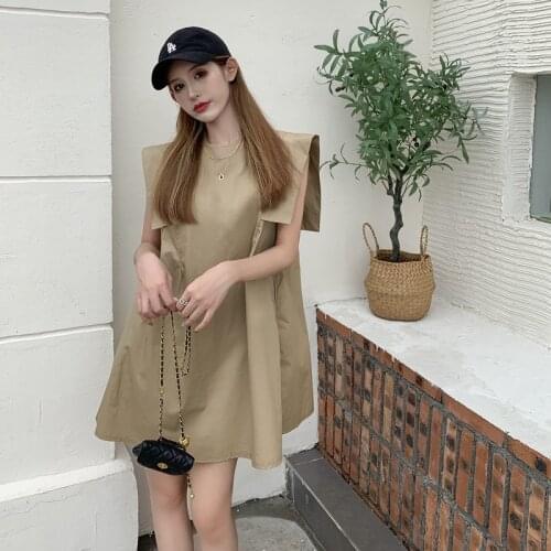 Summer New Loose Flying Sleeve French Retro Ladies Dresses Loose Waist Mini Dress White Black Green Solid Clothes Oversized