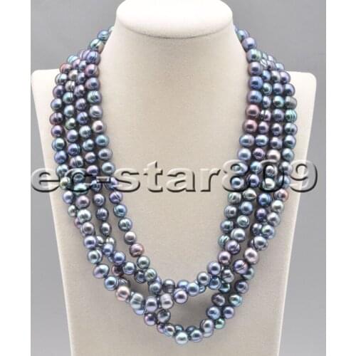 P6741 4Row 20" 10mm Peacock-Black Round Freshwater Pearl Necklace Magnetic Choker