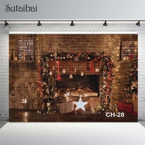 Christmas Backdrop Fireplace Xmas Tree Gifts Home Decor Child Family Party Photo Picture Background Photography Photo Shoot Prop