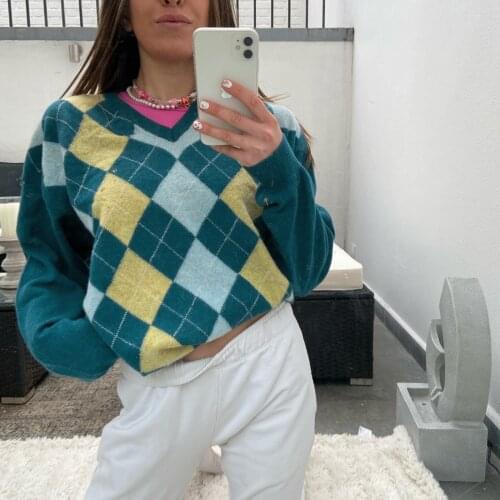 Women’s Autumn Winter Warm Sweaters Knitwear Top Fashion Women Long Sleeve Plaid Pattern Knitted Sweater Casual Loose Pullovers