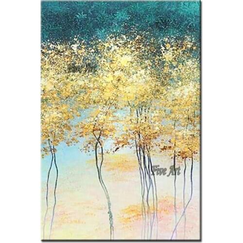 Heavily Texture Golden Thick Acrylic Trees Picture Canvas Modern Fine Art Hand-painted Gold Tree Oil Painting Wall Decor Artwork