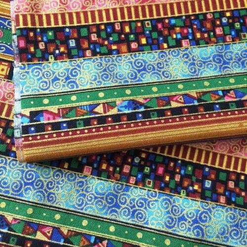 Ethnic Style Cotton/Linen Blends Folk Style Gilded Bronzed Printed Green Stripe Fabric For DIY Curtain Tablecloth Tissue Sewing