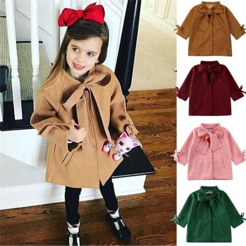 PUDCOCO Toddler Kids Baby Girls Warm Wool Blends Bowknot Trench Coat Overcoat Outwear Jacket 2-8T