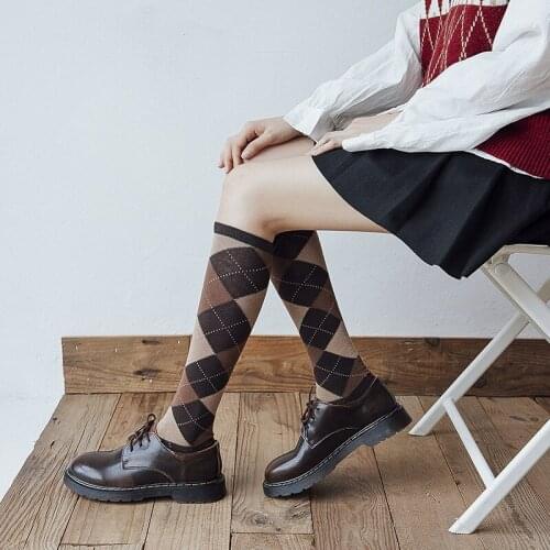 2021 Knee-high Stockings For Women Spring Rhombus Plaid Knee Cotton Socks Janpanese Style Anime Socks Female Cosplay Long Socks