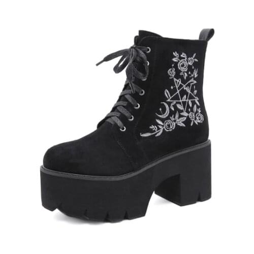 Womens fashion floral chunky boots gothic lace-up back zip boots
