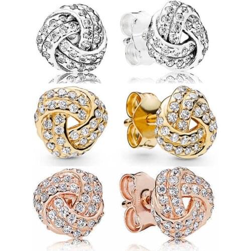 Original Rose Sparkling Love Knot With Crystal Stud Earrings 925 Sterling Silver Earrings For Women Gift Fine Europe Jewelry