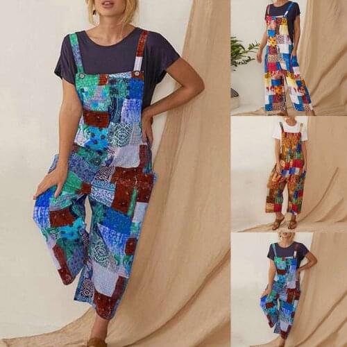 Womens Fashion Ethnic Style Patchwork Vintage Printed Buttons Suspender Jumpsuit Wide Leg Pants Rompers Jumpsuits monos mujer