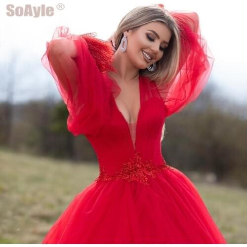 SoAyle Ball Gown Evening Dresses Charming Red Lace Arabic Evening Dress Plus Size Deep V-neck Transparent sleeve Robe De Soire