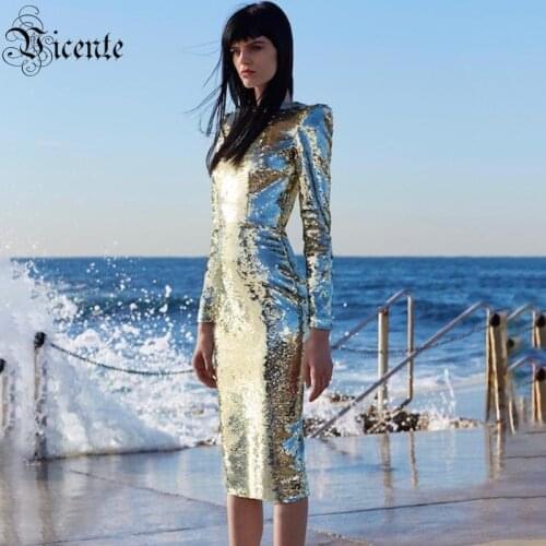 VC Free Shipping Women Silver Dress Back Zipper Design Bodycon Knee Length Dress Celebrity Christmas Party Sequins Vestidos