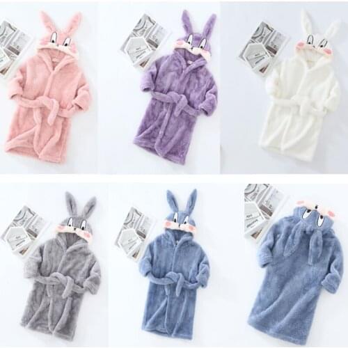 Winter Pajamas for Girls Hooded Bathrobe Nightgown Kids Flannel Cartoon Rabbit Sleepwear Children Cute Shower Robe Baby Costume