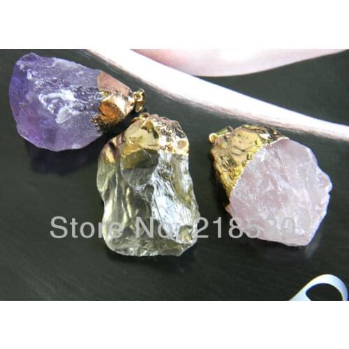 H-CP02 10pcs Mix Color Citrin e Rose Pink Quartz Amethysts Point Pendant Raw Quartz Pendant 24K Gold Edged