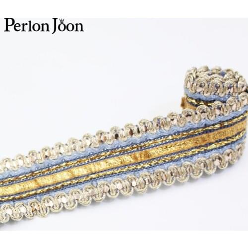 2 yards 30mm gold thread sequined denim garment woven lace home webbing decorative lace skirt robe sewing lace webbing ZD0336