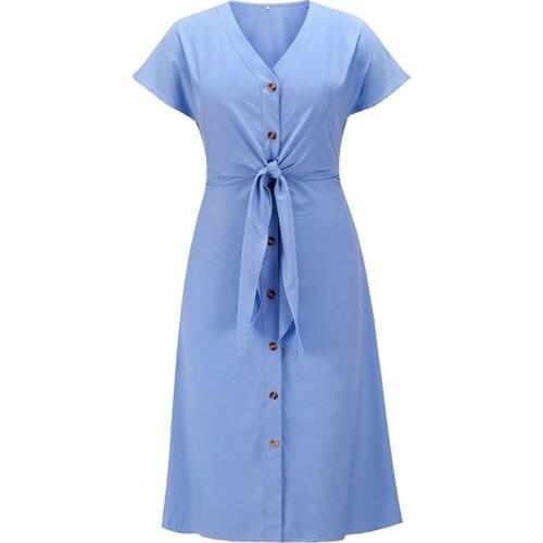 80% Dropshipping!!Women Dress Button Placket High Waist Female Solid Color V Neck Dress for Shopping