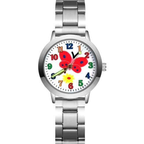 Cartoon Pretty Butterfly Flower Style Childrens Women Student Girls Boys Quartz Metal Steel Wrist Watches Clock JA191