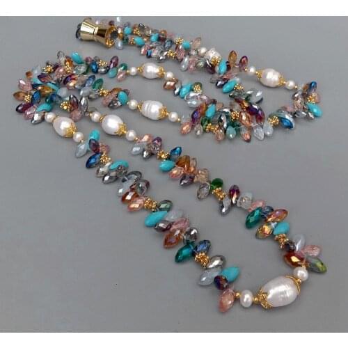 YYGEM Natural Cultured Freshwater White Rice Pearl Multi Color Top-Drilled Teardrop Crystal Long Necklace 49"