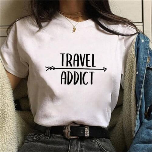 Travel Addict T Shirts Women Stay Wild Letter print Funny graphic tees women Fashion Soft Casual White T shirts Tops