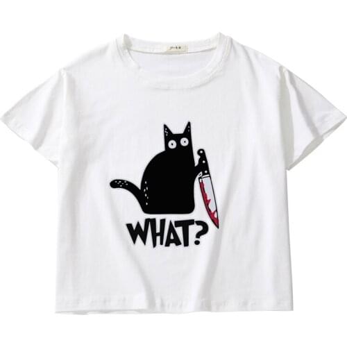 Violet Cat PatternPrinting Women Summer Crop Tees Breathable Cotton Top Girl O-Neck T-Shirt Kids Short Sleeve Casual Short Tops