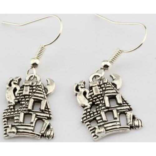 Hot ! Earrings. 10 pair Zinc Alloy *CUTE HAUNTED HOUSE GHOST*Charms Earrings With Fish hook Ear Wire 14 X 37mm nm287