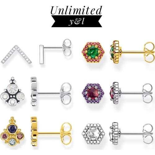 Colorful Hexagon Royalty Gold Red Green Stud Earrings 925 Sterling Silver Ear Stud Thomas Fashion Good Jewelry for Women Men