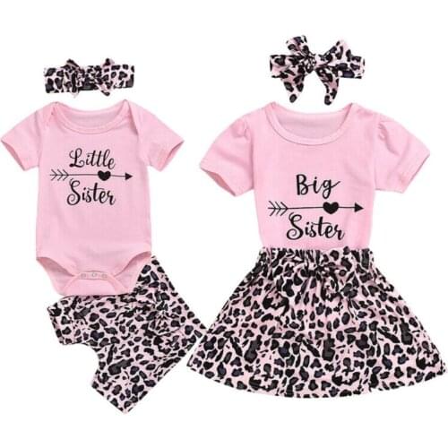 Fashion 3Pcs Baby Girl Sister Outfits Short Sleeve Letter Print T-shirt Romper +Pants Skirt+Headband Summer Outfits Sets