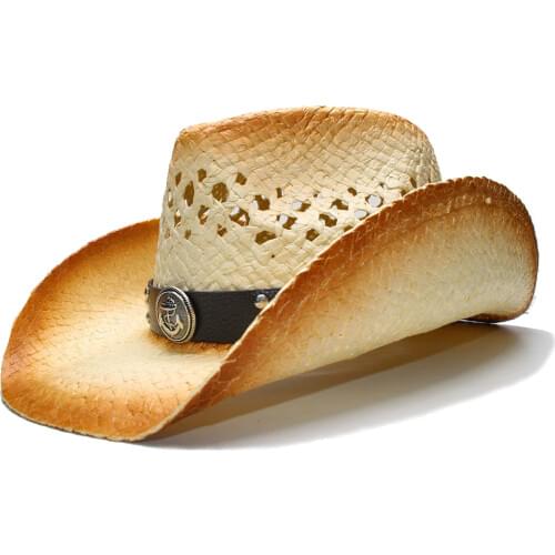 New Men Straw Western Cowboy Hat With Punk Leather Band For Summer Dad Beach Sun Cowgirl Sombrero Cap Size 58CM