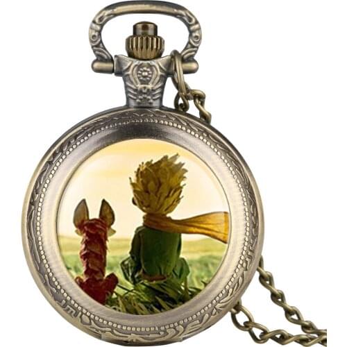 Mens Cartoon Animation Prince and Fox Pocket Watch Quartz Necklace Watch for Boy Arabic Digital Pocket Watches for Teenager