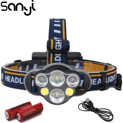 SANYI 2*T6+2*XPE+2*COB Flashlight Forehead 8 Modes Camping Headlamp LED Portable Lantern USB Recharge Headlight