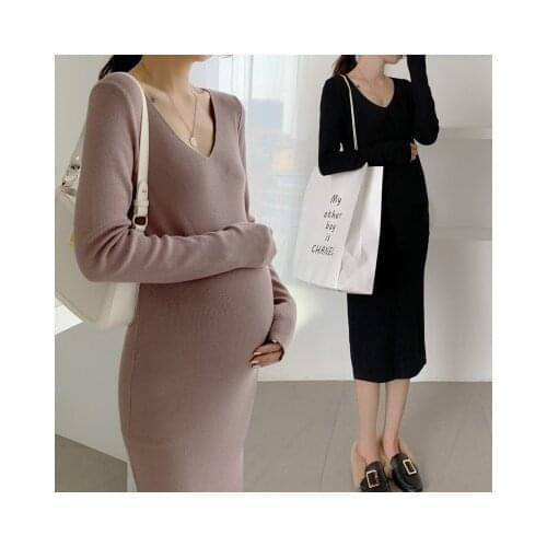 Autumn and winter new maternity knit dress mid-length pregnant V-neck sweater inside and outside wear mid-length dress