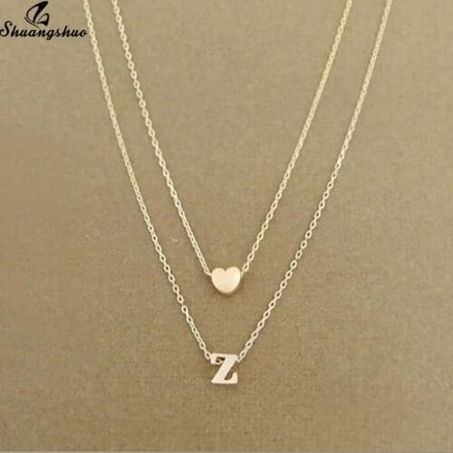 Shuangshuo Boho Tiny Double Layer Heart Initial Pendant Necklaces for Women Dainty Choker Necklace Name Bijoux Gift