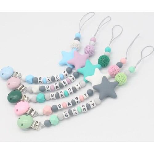 Letters Silicone Baby Pacifier Clip Candy Color Star Shape Pacifier Chain for Baby Teething Soother Chew Toy Dummy Clips