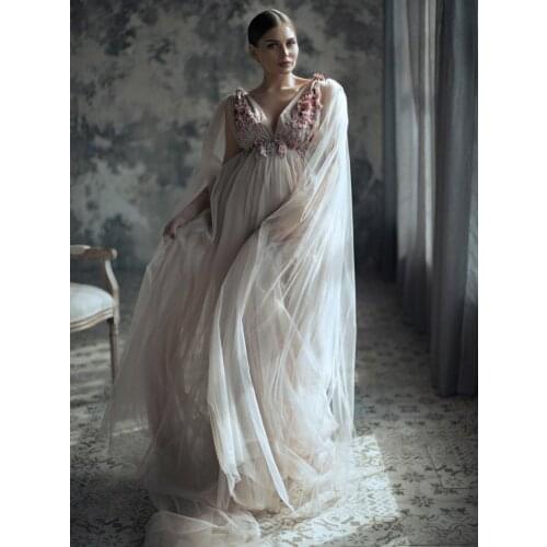 Modest Nude Pink Tulle Maternity Dress Robe Floral Appliques A-line Long Party Dresses With Cape Pretty Backless Bridal Gowns