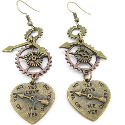 Cykopv New Original Design YES for LOVE Heart Charms Vintage Steampunk Gears Drop Earrings