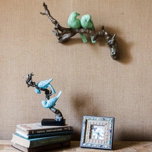 Green Bird Statues Stand On Tree Branch Living Room Bedroom Wall Decoration Pendant Resin Bird Wall Hanging French Desktop Gift