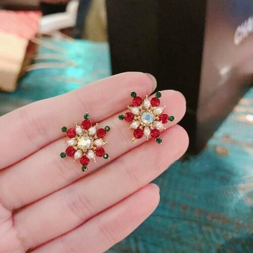 MENGJIQIAO New Cute Elegant Pearl Colorful Crystal Snowflake Stud Earrings For Women Fashion Christmas Pendientes Party Jewelry